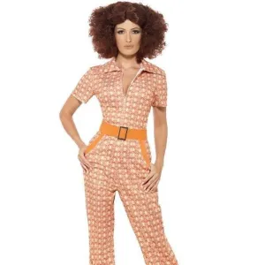 70s Authentic Chic Costume Adult Orange Disco Jumpsuit