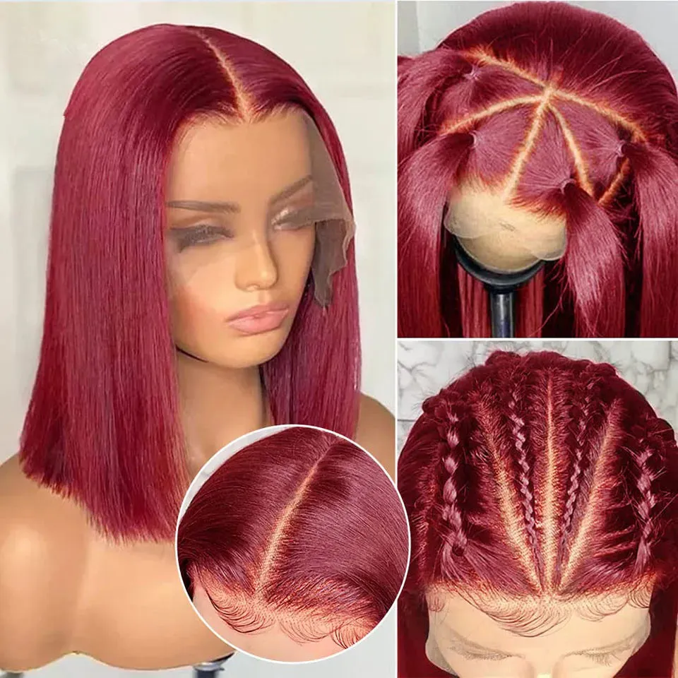 99J Burgundy Short Bob Wig 13X4 Lace Front Wigs for Black Women Brazilian Human Hair Red Highlighted Colored T Part Lace Wig