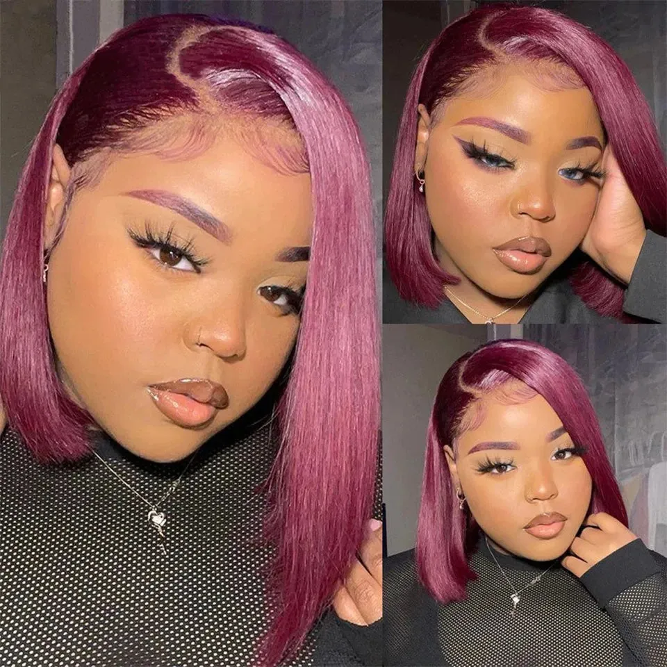 99J Burgundy Short Bob Wig 13X4 Lace Front Wigs for Black Women Brazilian Human Hair Red Highlighted Colored T Part Lace Wig