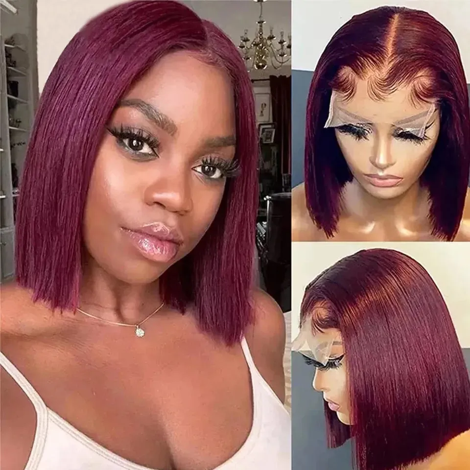 99J Burgundy Short Bob Wig 13X4 Lace Front Wigs for Black Women Brazilian Human Hair Red Highlighted Colored T Part Lace Wig