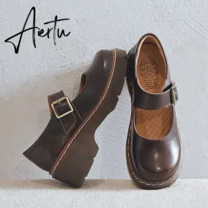 Aiertu New Arrival Japanese Style Vintage Buckle Mary Janes Shoes Women'S Shallow Mouth Casual Student Leather Shoes Thick Bottom