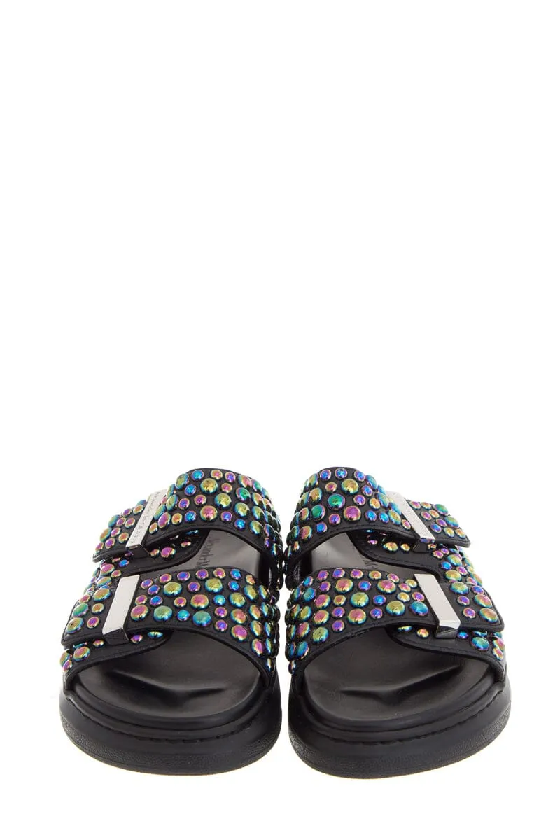 Alexander McQueen Black Leather Multicolor Studded Hybrid Sandals SZ 37