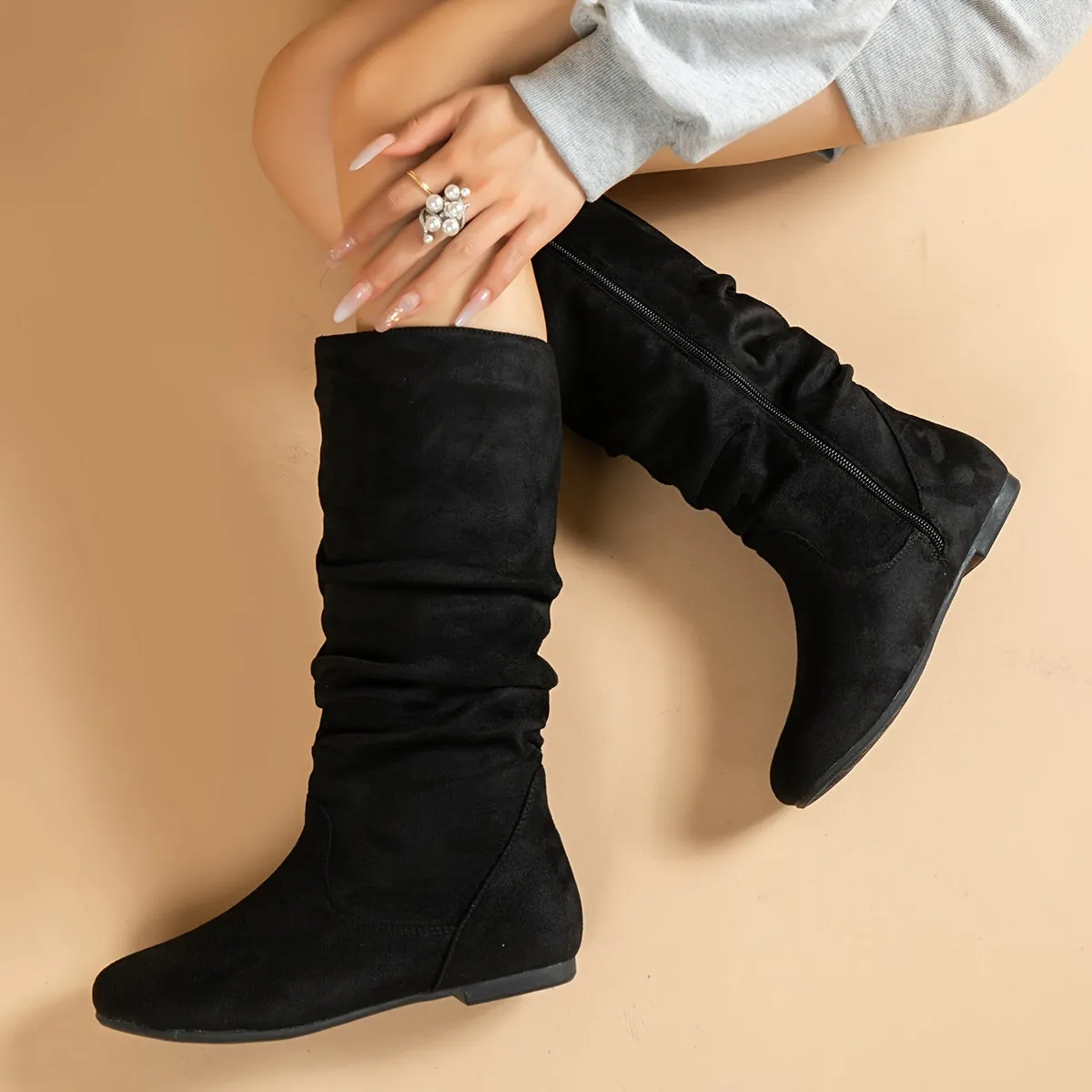 All-Season Chic Women's Platform Boots - Comfortable Block Heel, Easy Side Zipper, Casual Solid Color