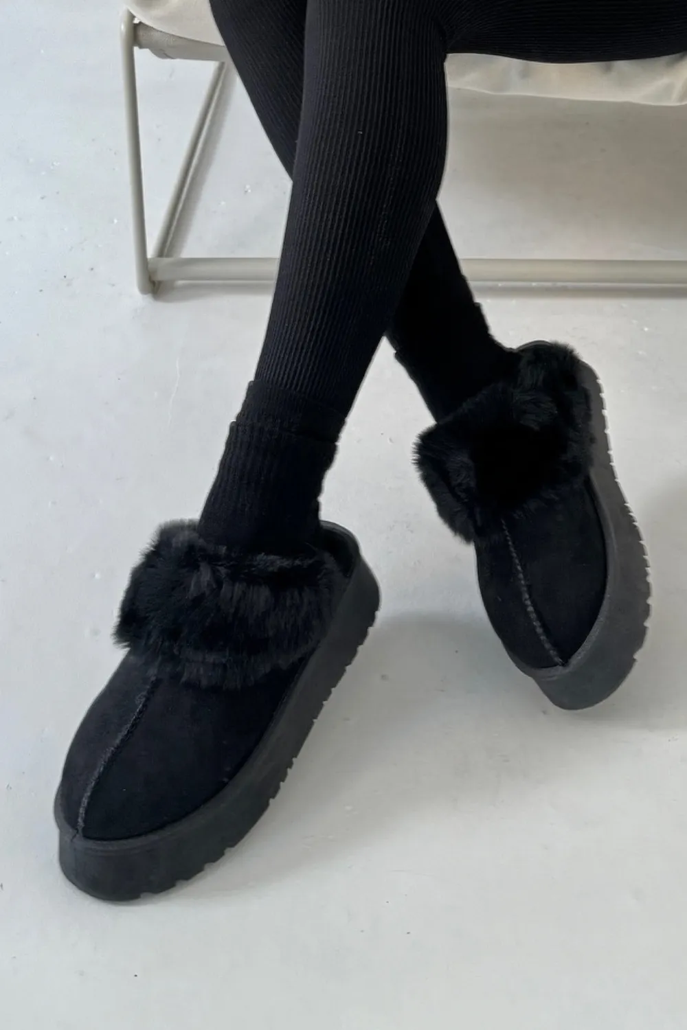 Amara Black platform faux fur lined mules