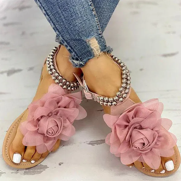 Amozae 3D Flower String Beads Ankle Straps Flat Sandals