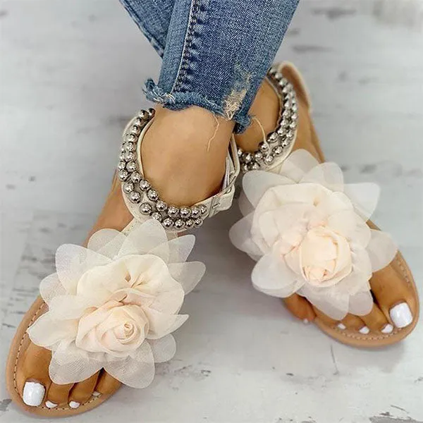 Amozae 3D Flower String Beads Ankle Straps Flat Sandals