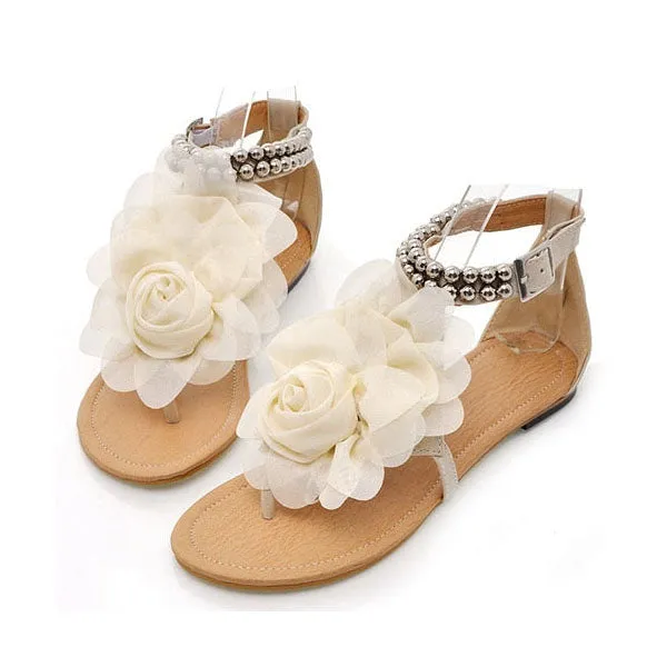 Amozae 3D Flower String Beads Ankle Straps Flat Sandals