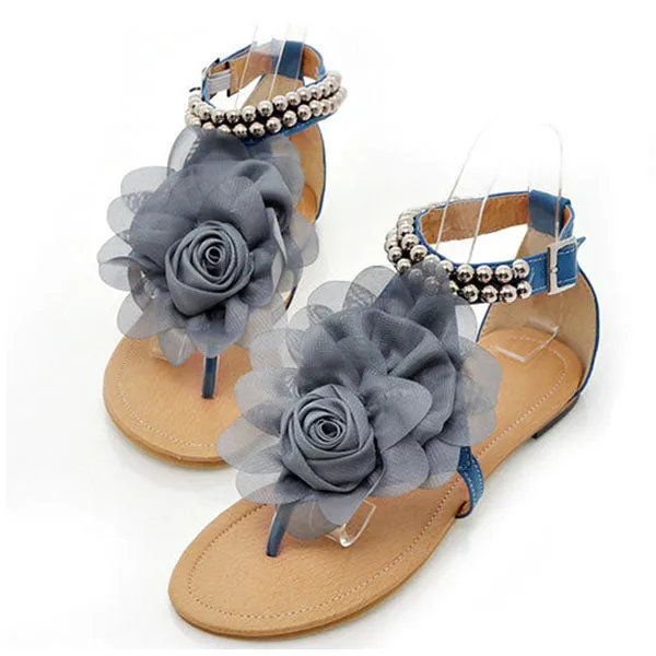 Amozae 3D Flower String Beads Ankle Straps Flat Sandals