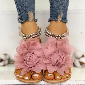 Amozae 3D Flower String Beads Ankle Straps Flat Sandals