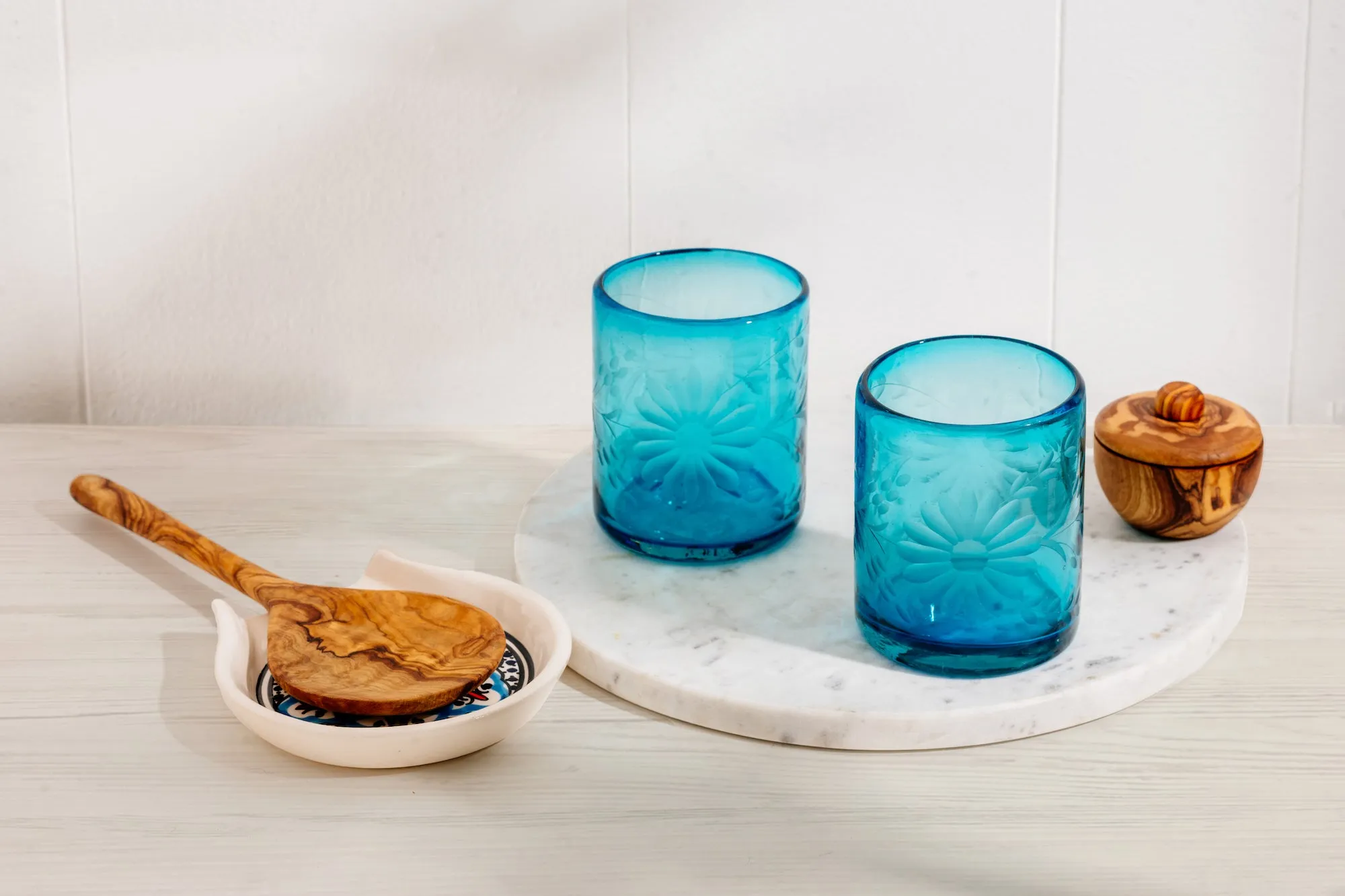 Aqua Etched Glass Tumbler Set