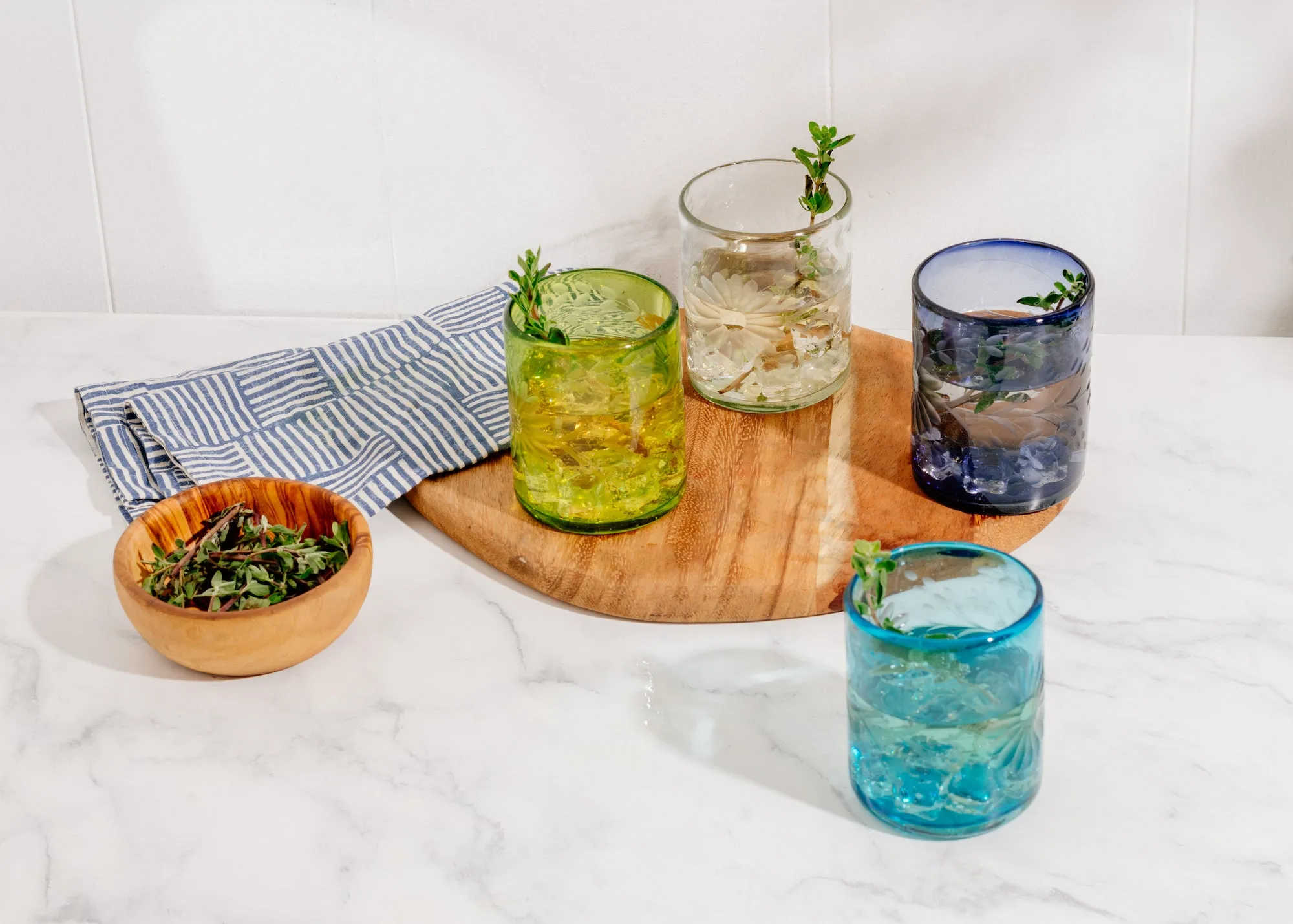 Aqua Etched Glass Tumbler Set