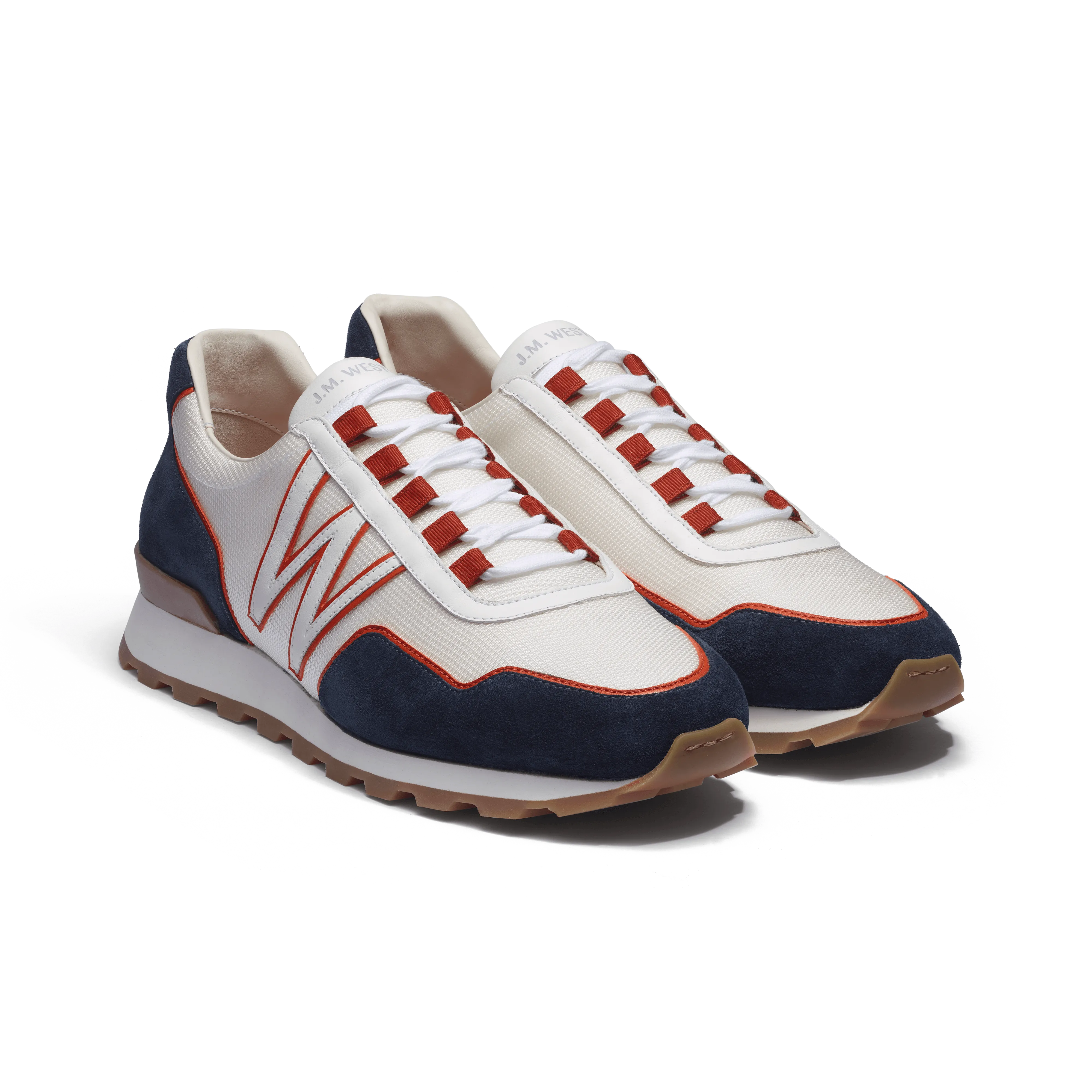 Basket On My Way Ghillies Roland-Garros [homme maille nylon blanche & cuir veau velours bleu marine détails en cuir veau sport orange terre battue]