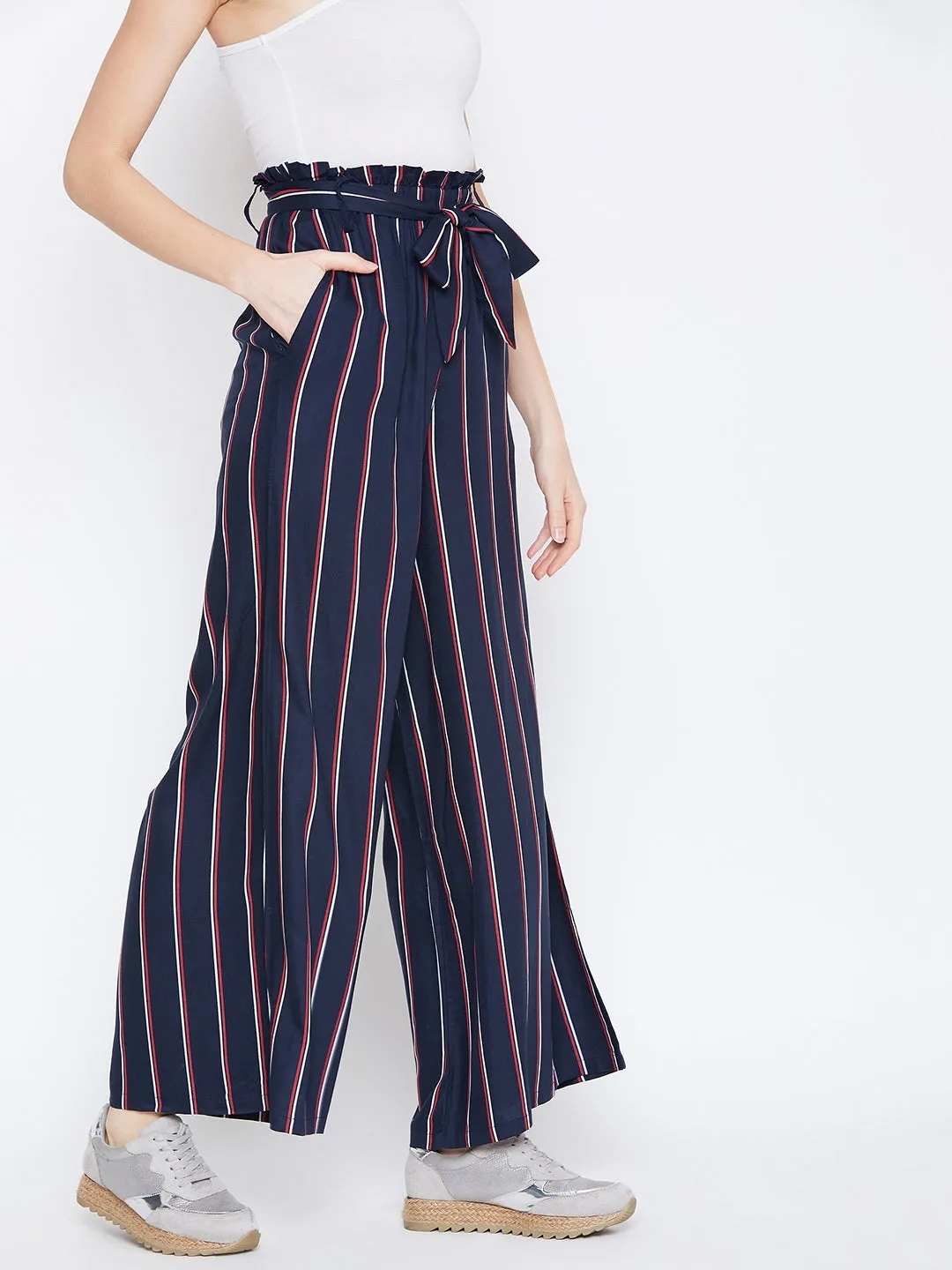 Berrylush Women Navy Blue & Red Striped Pattern Waist Tie-Up Mid-Rise Pleated Parallel Trousers