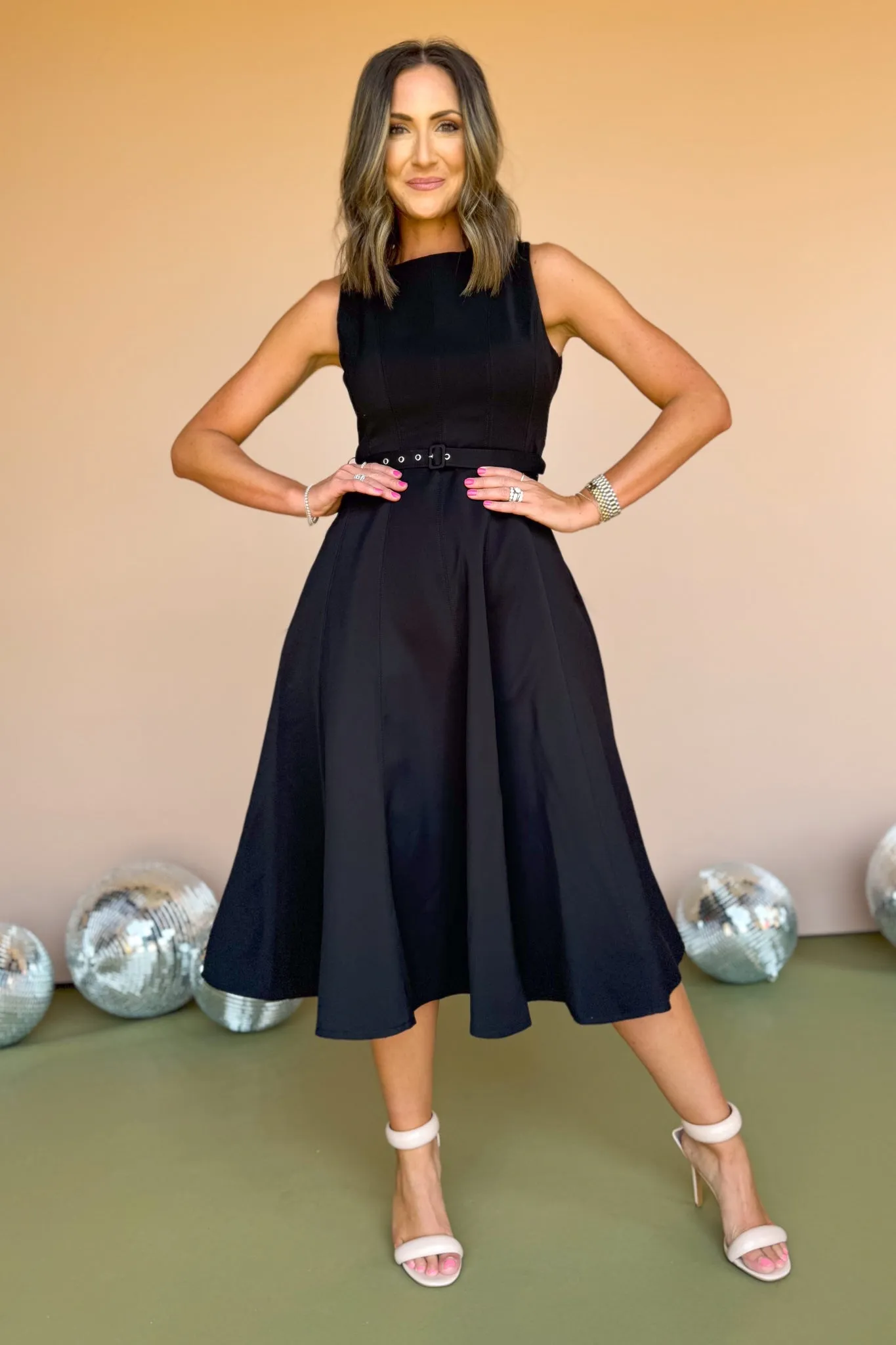 Black Boat Neck Self Belt Full Skirt Midi Dress *FINAL SALE*