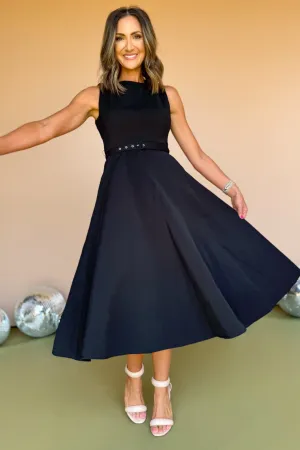 Black Boat Neck Self Belt Full Skirt Midi Dress *FINAL SALE*