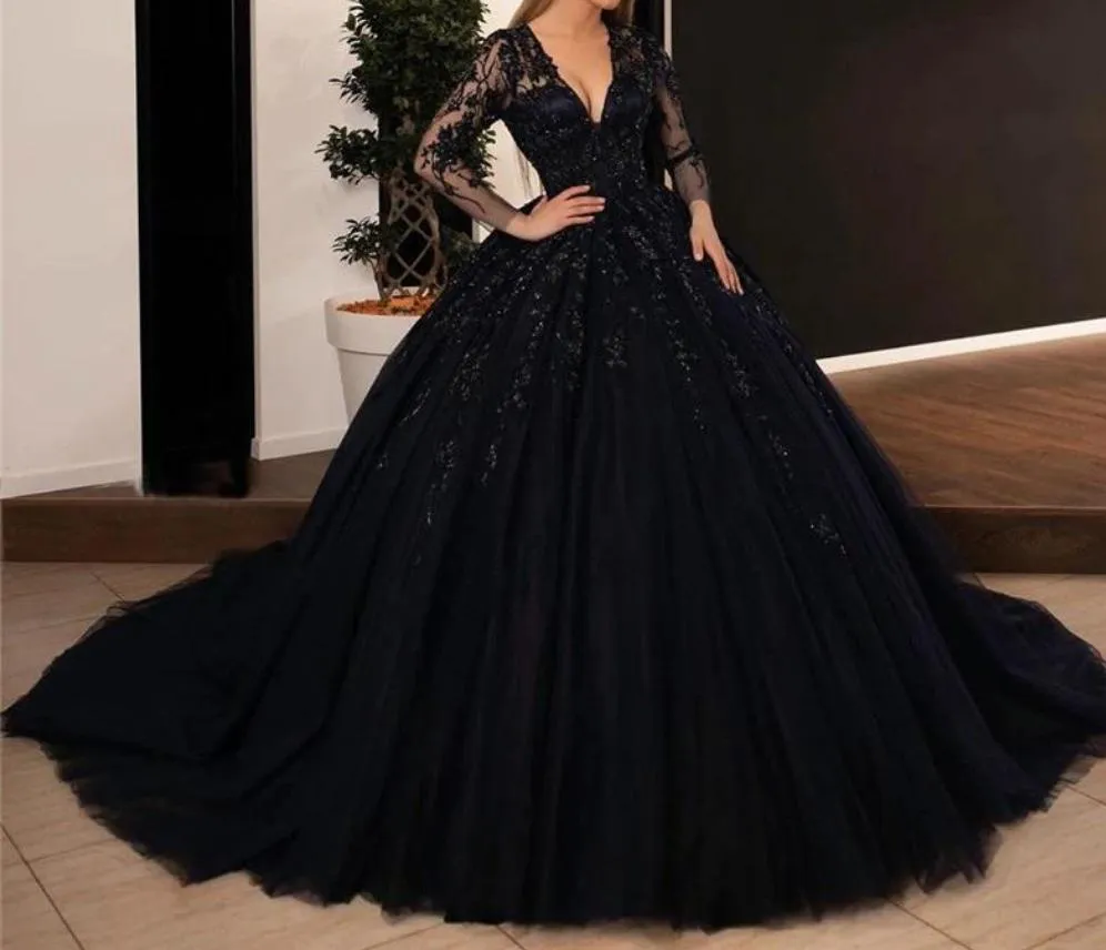 Black Gothic Wedding Dresses Ball Gown V Neck Wedding Dress