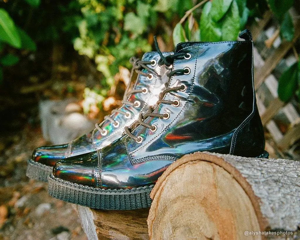 Black Hologram Pointed Lace Up Boot