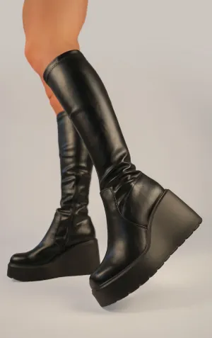 Black PU Leather Platform Wedge Knee High Sock Boot