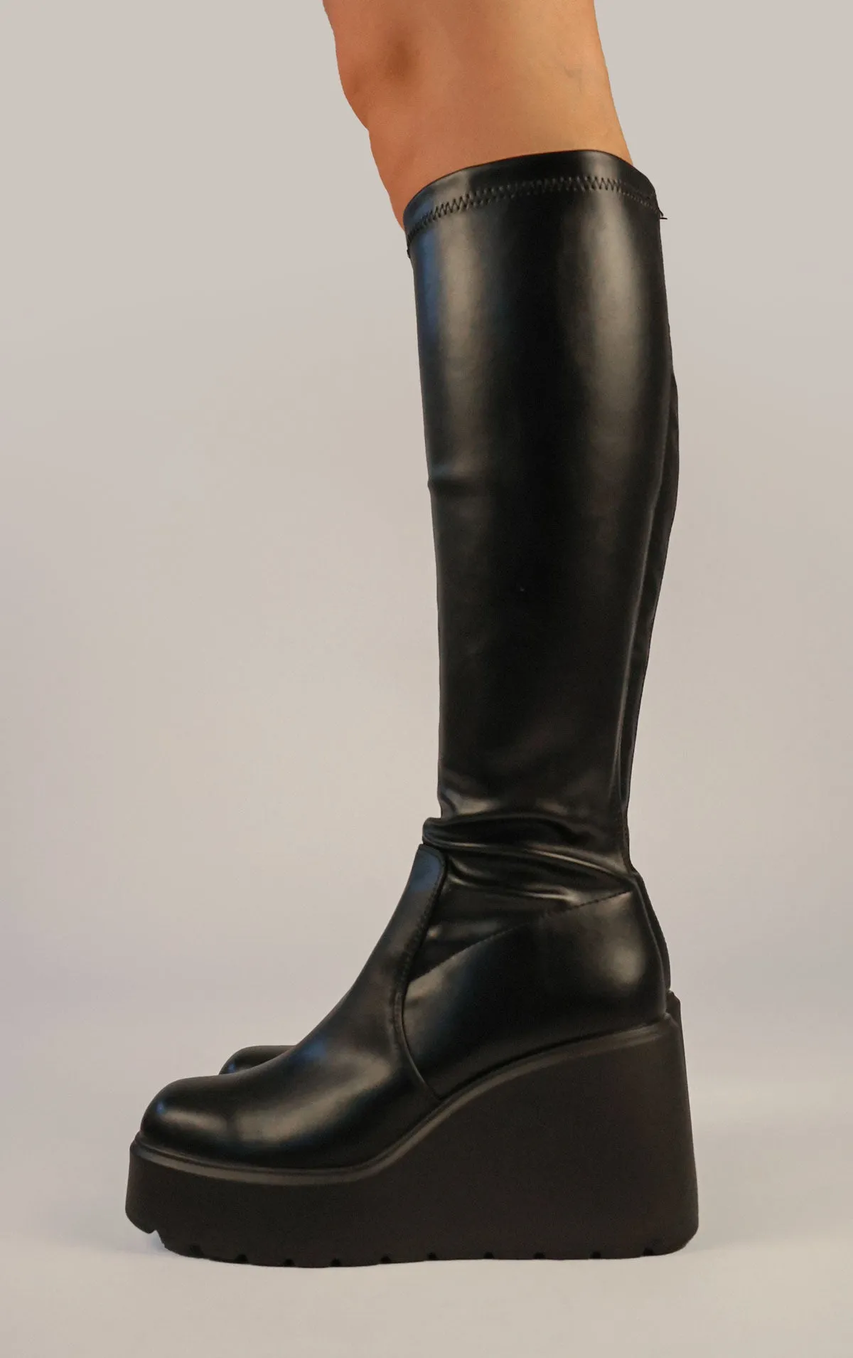 Black PU Leather Platform Wedge Knee High Sock Boot