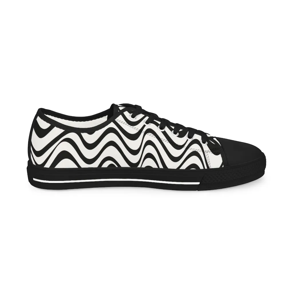 Black White Wavy Men's Shoes, Best Men's Black and White Waves Abstract Best Printed Low Top Sneakers (US Size: 5-14)