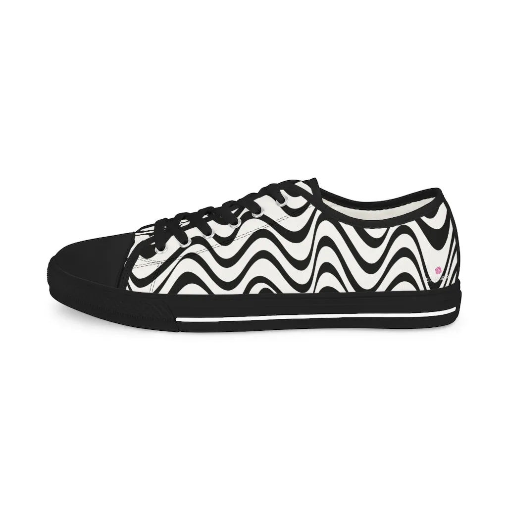 Black White Wavy Men's Shoes, Best Men's Black and White Waves Abstract Best Printed Low Top Sneakers (US Size: 5-14)