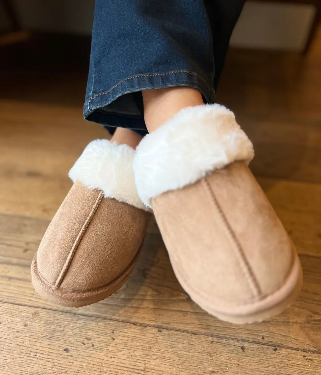 Camel Faux Fur Mule Slippers