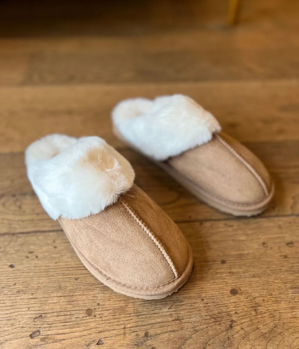 Camel Faux Fur Mule Slippers