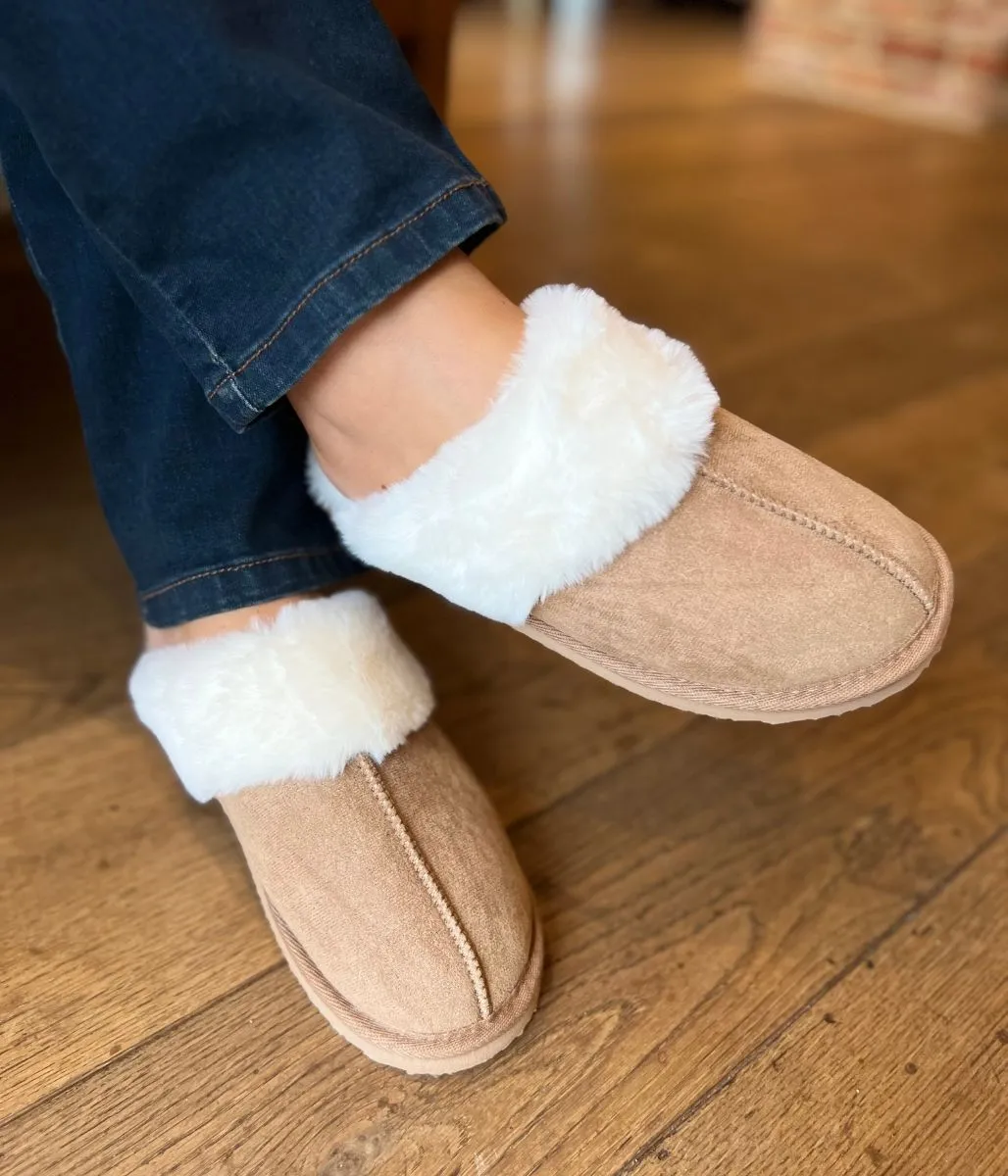 Camel Faux Fur Mule Slippers