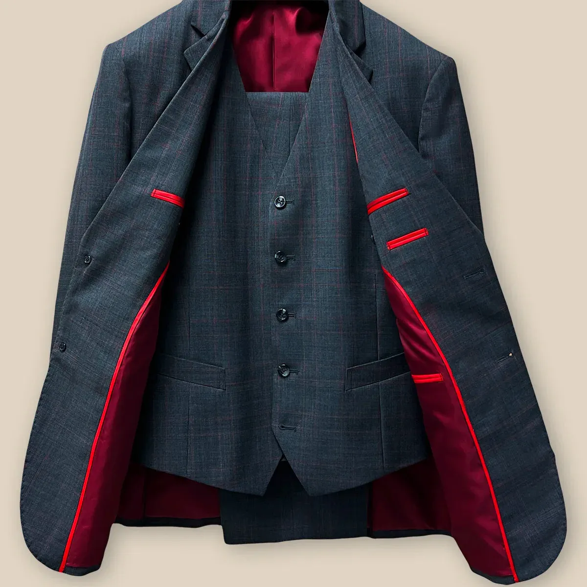 Charcoal Grey with Red Checkered Windowpane Men's Suit