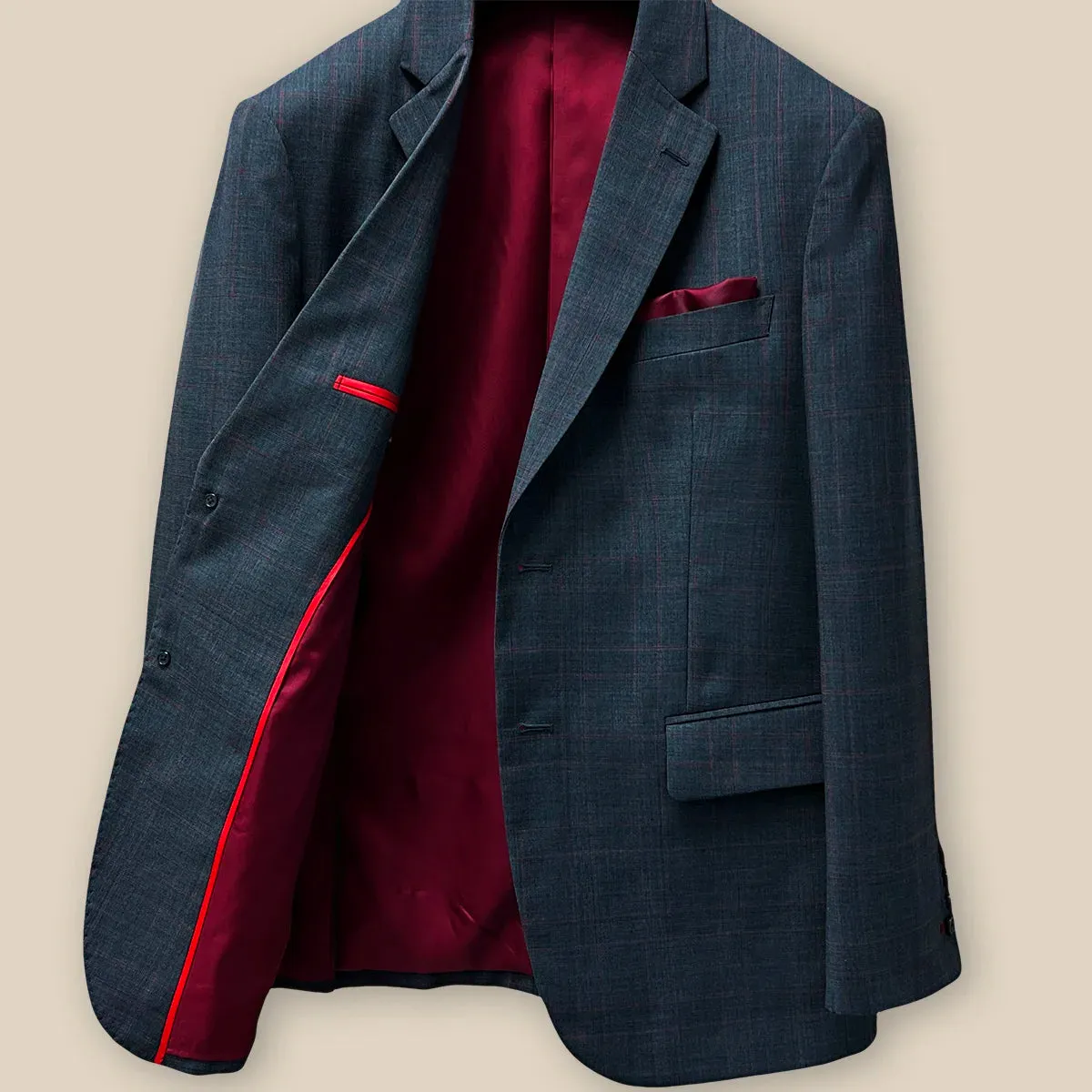 Charcoal Grey with Red Checkered Windowpane Men's Suit