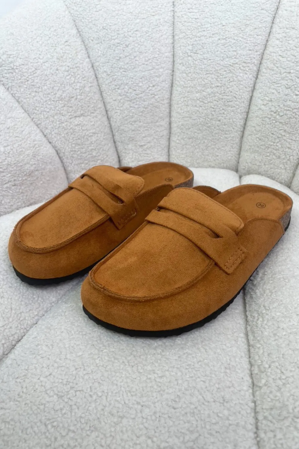 Charlotte camel faux suede mules