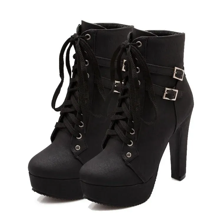 Chic Lace-Up Belt Buckle High Heel Boots