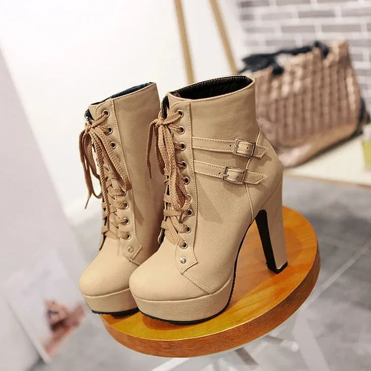 Chic Lace-Up Belt Buckle High Heel Boots