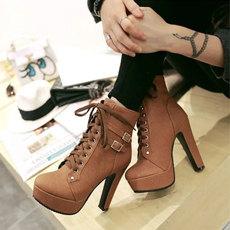 Chic Lace-Up Belt Buckle High Heel Boots