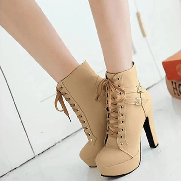 Chic Lace-Up Belt Buckle High Heel Boots