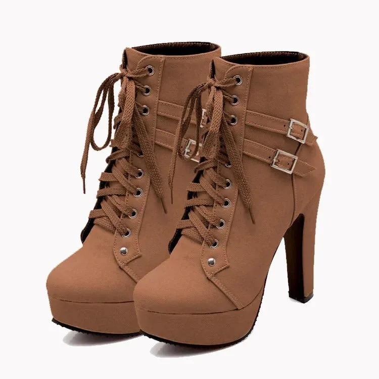 Chic Lace-Up Belt Buckle High Heel Boots