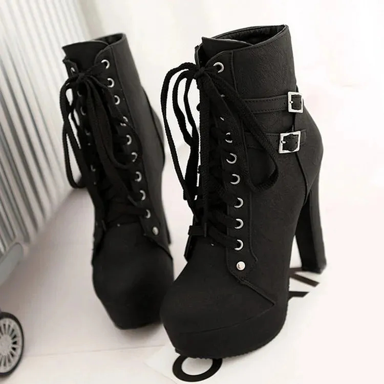 Chic Lace-Up Belt Buckle High Heel Boots