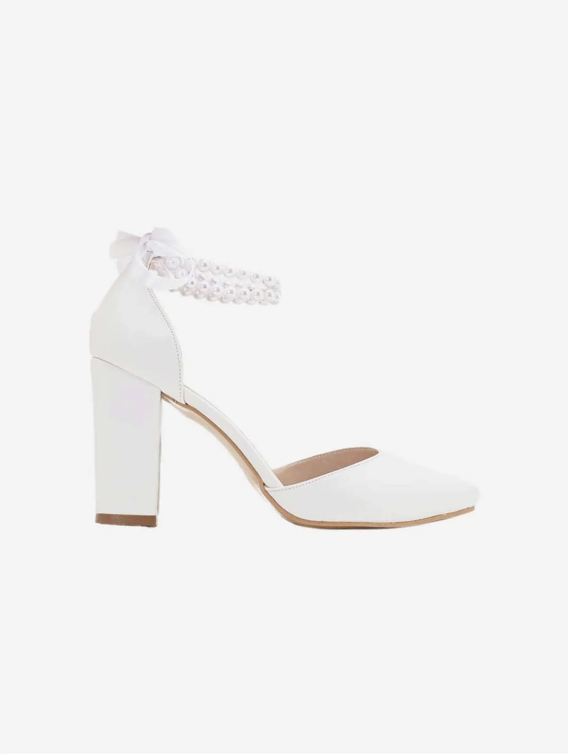 Denise Vegan Leather & Pearl Wedding Heels | White