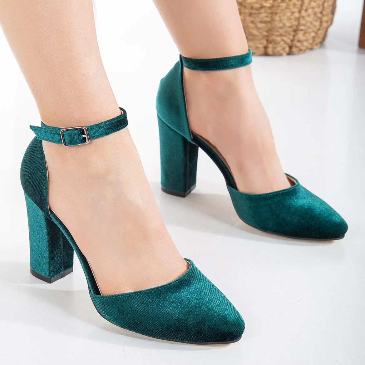 Denise Vegan Suede & Pearl Heels | Emerald Green