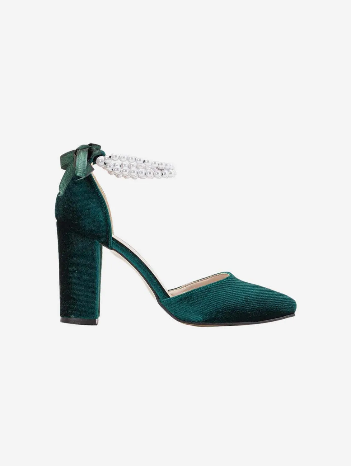 Denise Vegan Suede & Pearl Heels | Emerald Green