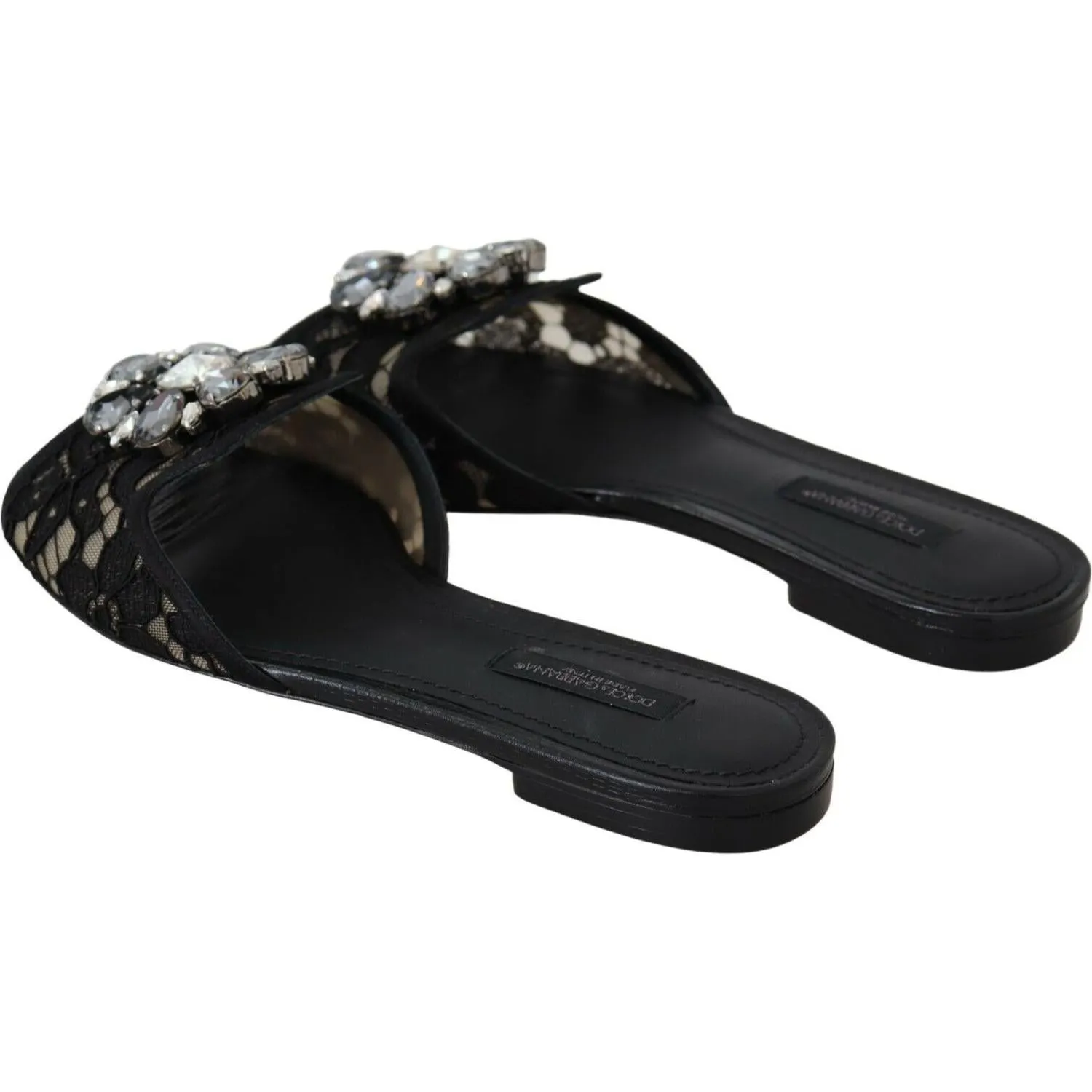 Dolce & Gabbana Elegant Black Lace Mules with Jewel Flower Detail