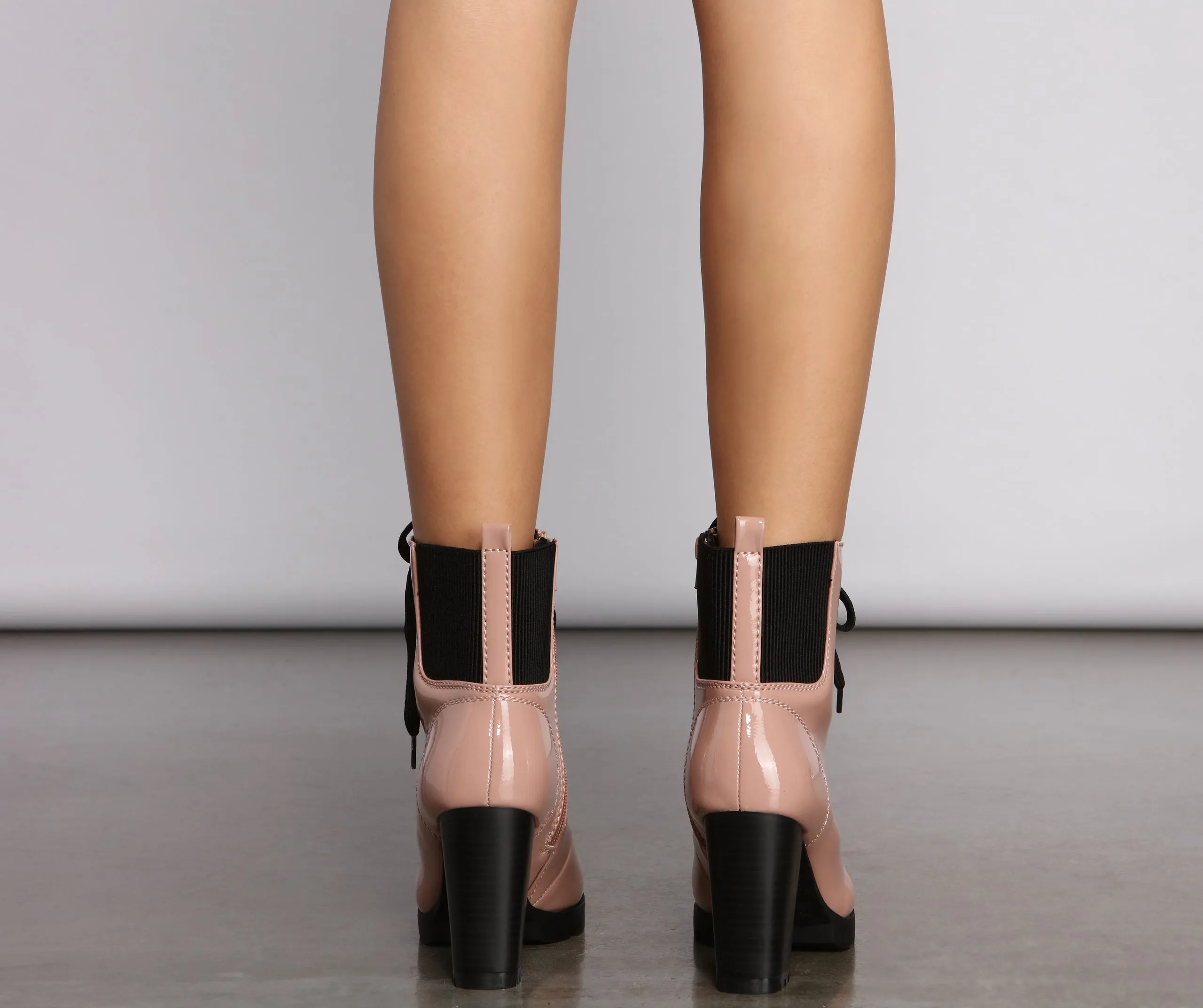 Edgy-Chic Patent Faux Leather Block Heel Booties