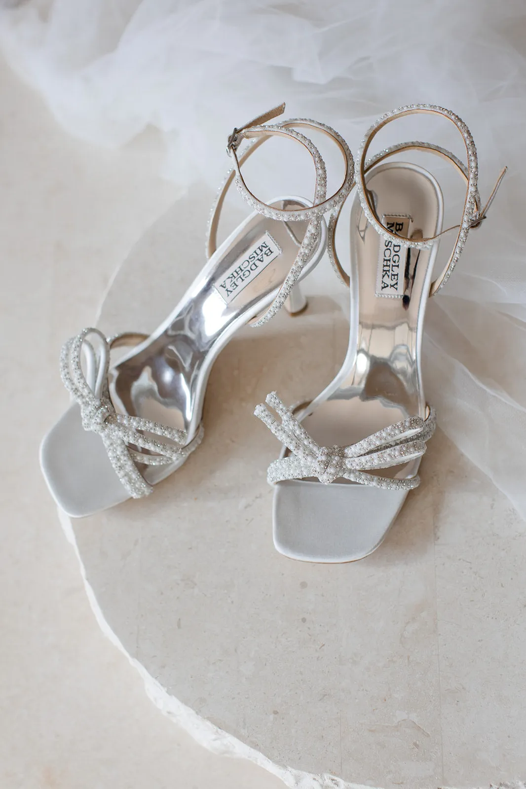 Effie - Strappy Bow Stiletto Heels with Pearls and Crystals - Soft White