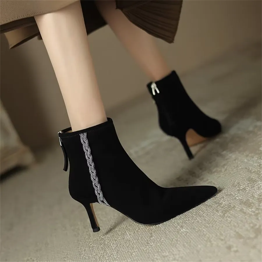 Elegant Cow Leather Pointed Toe Rear Zipper Boots