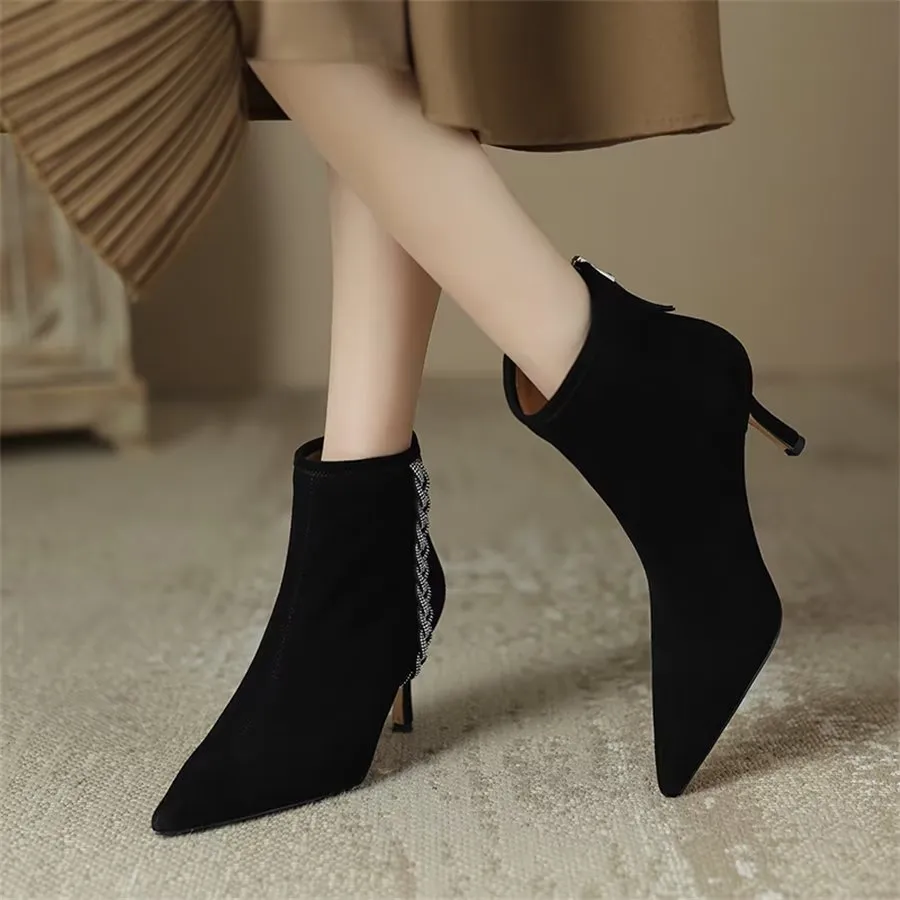 Elegant Cow Leather Pointed Toe Rear Zipper Boots