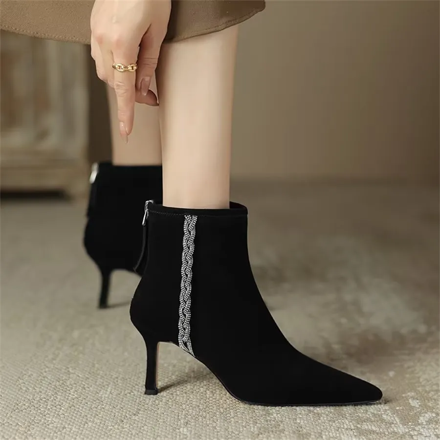 Elegant Cow Leather Pointed Toe Rear Zipper Boots