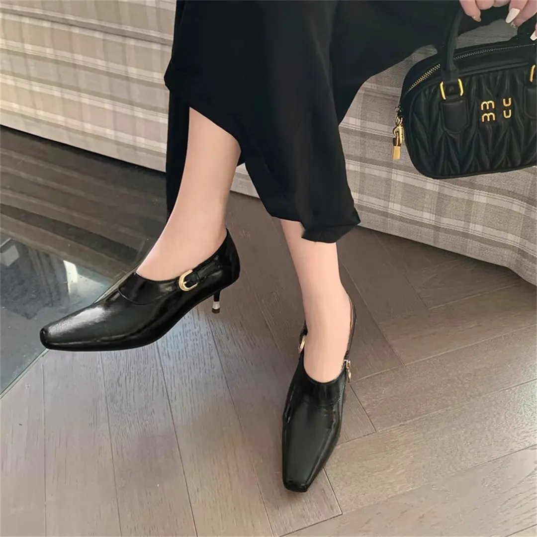 Elegant Cow Leather Square Toe Thin Heel Pumps