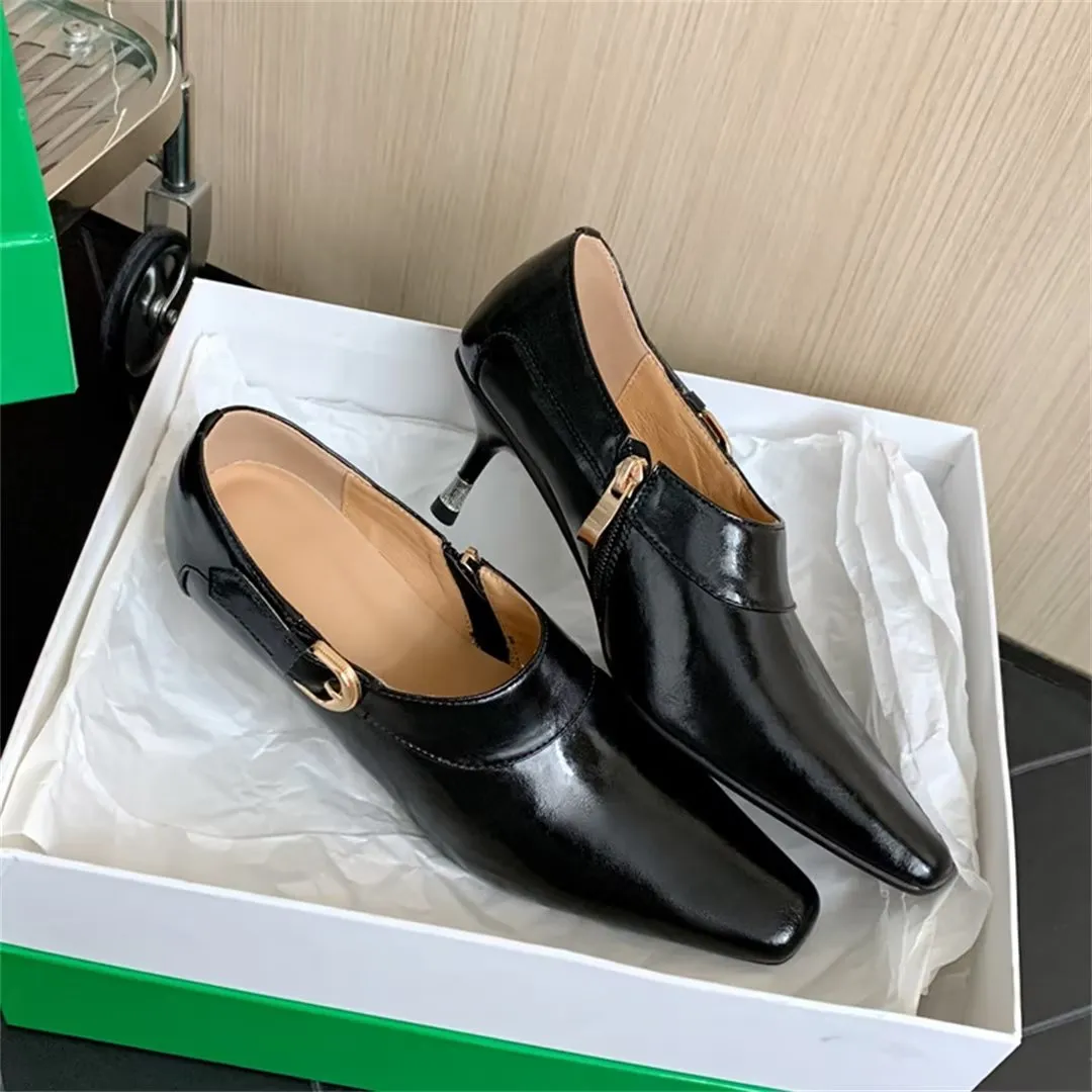 Elegant Cow Leather Square Toe Thin Heel Pumps