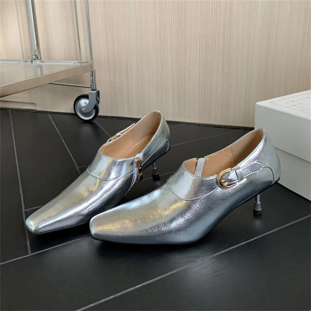 Elegant Cow Leather Square Toe Thin Heel Pumps