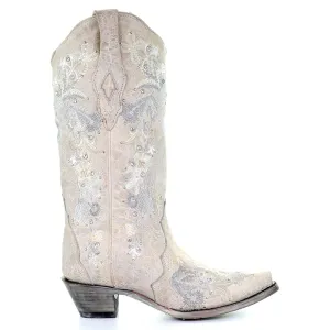 Floral Embroidered & Crystals Snip Toe Cowboy Boots